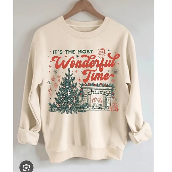 Beige Christmas Sweatshirt Wonderful Time Print Cozy Holiday Trendy Party Medium - Picture 3 of 12